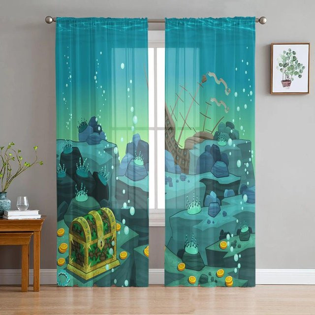 Transparentes Tüll-Fensterdekoration mit Piratenschiff- und Schatztruhen-Motiv von A Family Of Home Textiles in Blau, B: 135 cm, H: 160 cm - Bild 1