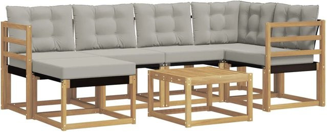 vidaXL Outdoor-Sofagarnitur in L-Form aus Akazienholz und Textilene mit Kissen, 7-teilig, Weiß-hellgrau - Bild 1