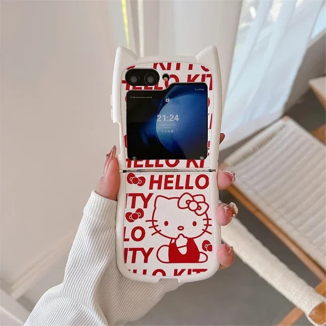 Sanrio Hello Kitty Handyhülle aus weichem Leder für Samsung Galaxy Z Flip 6 5 4 3 mit Umhängeband und 3D Cartoon Design - Bild 1