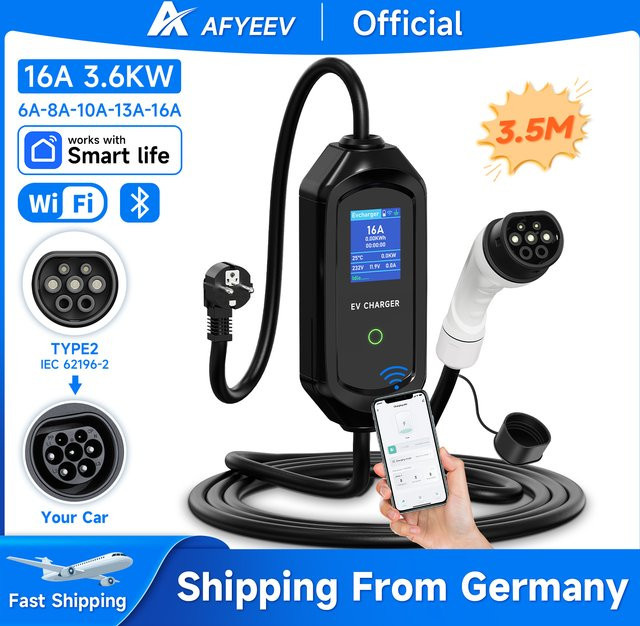 AFYEEV EV-Ladegerät 3,6KW Typ2 IEC62196-2 mit WLAN-App und USB-C, Elektroauto-Ladegerät EVSE in Schwarz - Bild 1