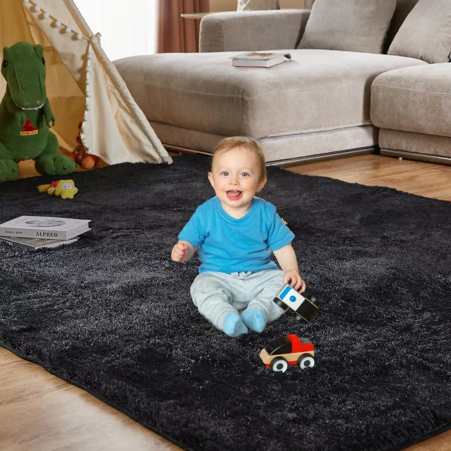 VIKAMA Ultraweicher Wohnzimmerteppich in Schwarz, rutschfester hochfloriger Plüschteppich für Schlafzimmer und Kinderzimmer - Bild 4