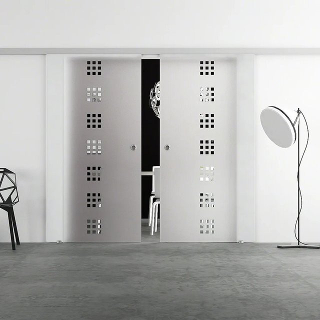 Levidor Doppelglasschiebetür Komplettset Frankfurt aus Aluminium in Silber mit SoftClose und Griffmuscheln, B/H: 77,5 x 205 cm - Bild 1