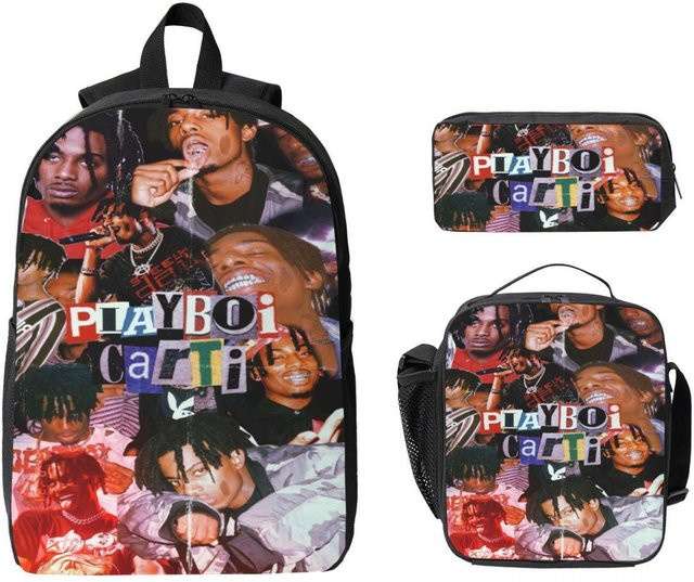 3-teiliges Playboi Carti Schultaschen-Set für Kinder mit Rucksack, Federmäppchen und Brotdose in Schwarz von Fancy Style Studio - Bild 1