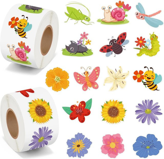 TYFYO 500 Stück Schmetterlings- und Blumen-Aufkleberrollen in 16 Designs, bunte Blüten-, Insekten- und Pflanzendekorationen in Multicolor - Bild 1