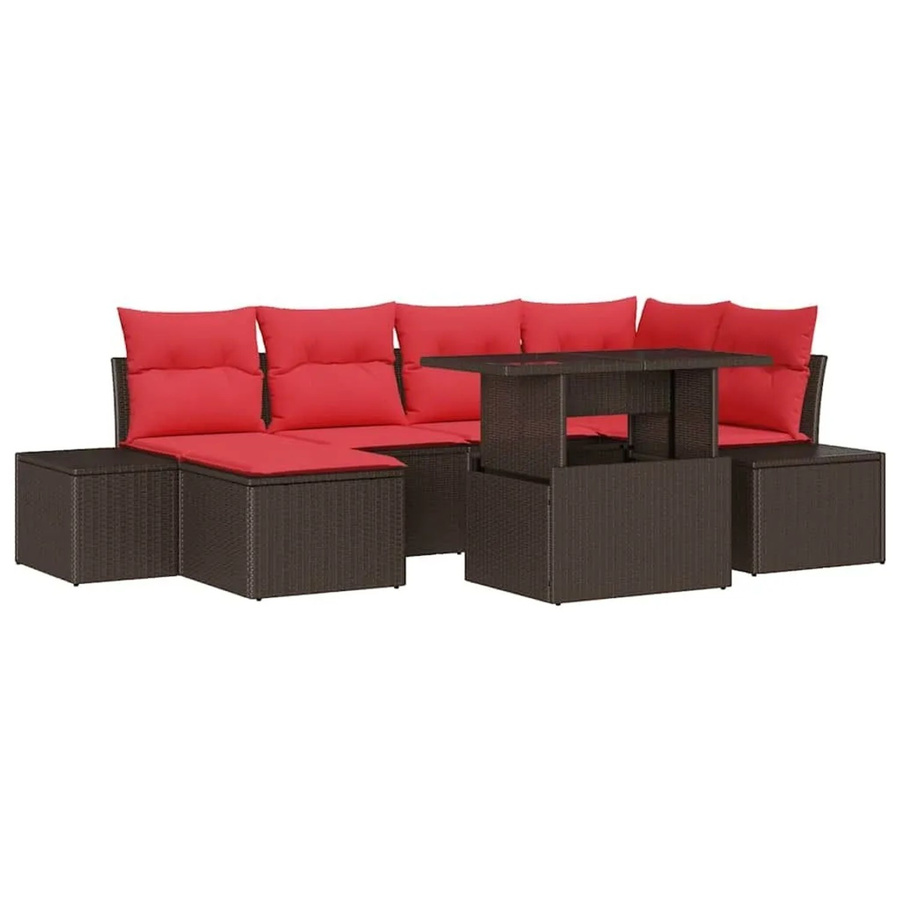 vidaXL Garten-Sofa-Set aus Polyrattan in U-Form mit 7 Teilen in Braun und Rot inklusive Kissen und Couchtisch - Bild 2