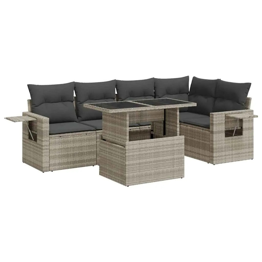 vidaXL 6-teilige Garten-Sofagarnitur in L-Form mit Kissen und Couchtisch, Hellgrau, Poly Rattan und Metallgestell - Bild 2