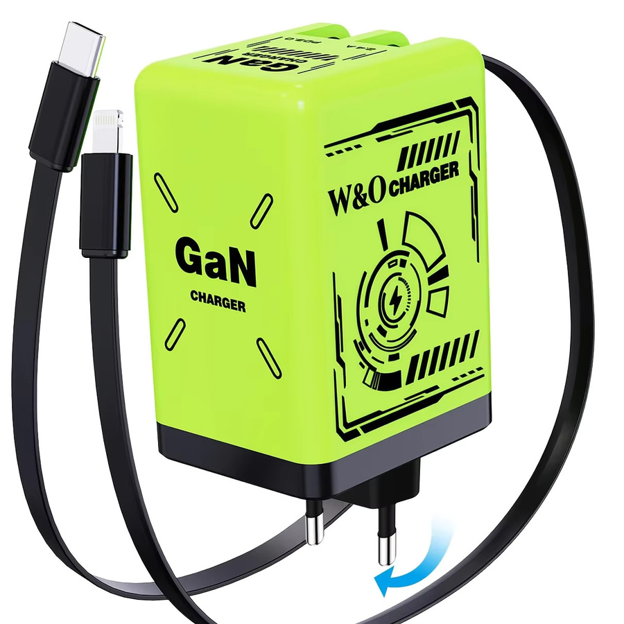 W&O GaN Schnellladegerät in Grün mit 80 cm einziehbarem Kabel, Dual-Port für Lightning und USB-C Geräte - Bild 7