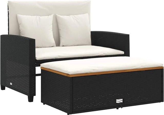 vidaXL Gartensofa 2-Sitzer mit Kissen und Fußhocker aus Polyrattan und Akazienholz in Schwarz-Creme - Bild 1