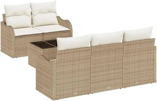 vidaXL Garten-Sofa-Set 6-teilig aus Polyrattan in Beige mit Polsterkissen und Tisch - Bild 1