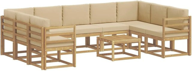 vidaXL Outdoor-Sofagarnitur 10-teilig aus Akazienholz mit Polstern und Couchtisch in Weiß, Beige und Braun, B/T/H: 59 x 59 x 37 cm - Bild 1