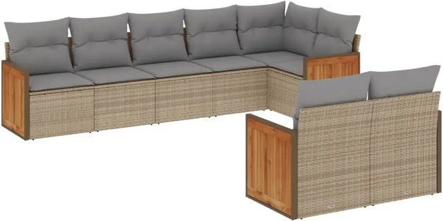 vidaXL 8-tlg Garten-Sofagarnitur in L-Form aus Poly-Rattan und Akazienholz mit Kissen in Beige - Bild 1