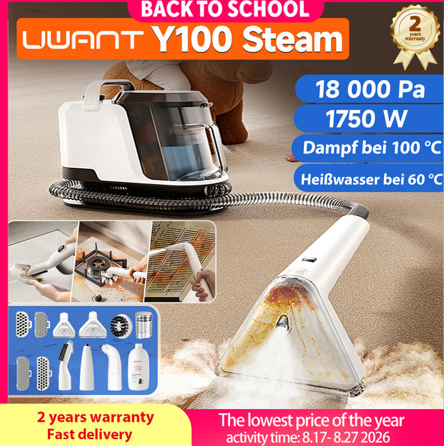 Uwant Y100 Dampf-Teppichreiniger in Weiß mit 18kPa Saugfunktion, 1750W und 100 °C Dampfreinigung inklusive Selbstreinigung und Mehrfachdüsen für Sofa, Auto und Haustiere - Bild 1