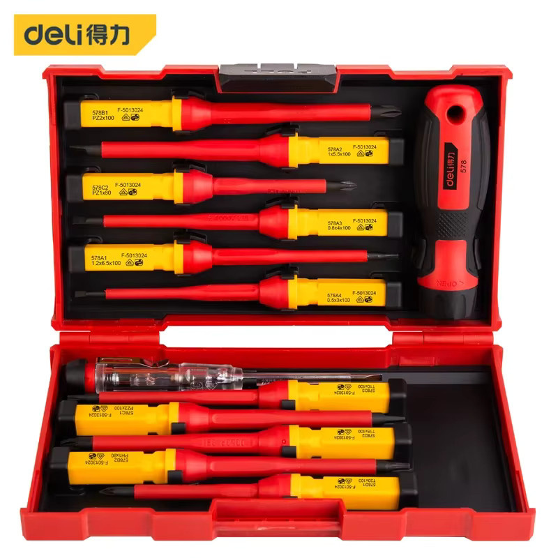 Deli Isolierte Schraubendreher-Sets mit magnetischer Spitze für Schlitz und Phillips, 1000V Elektriker-Werkzeugset, Rot, 12 Stück - Bild 2