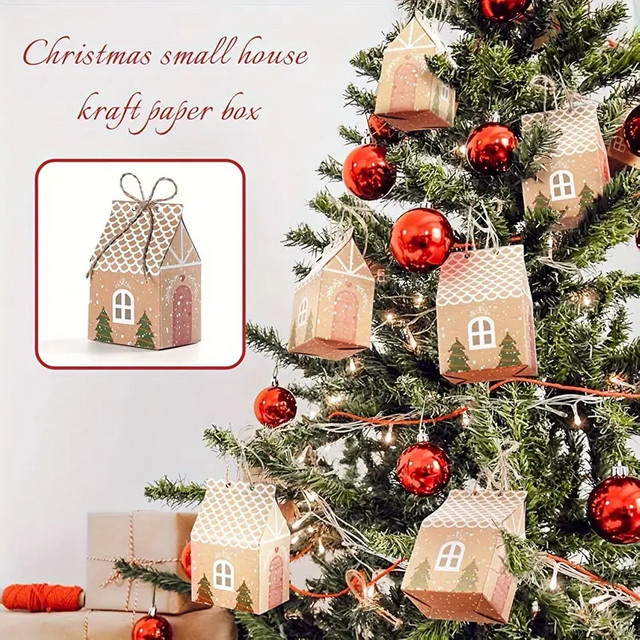10 Stück Weihnachts Geschenkboxen aus braunem Kraftpapier in Hausform für Süßigkeiten und Kekse - Bild 1
