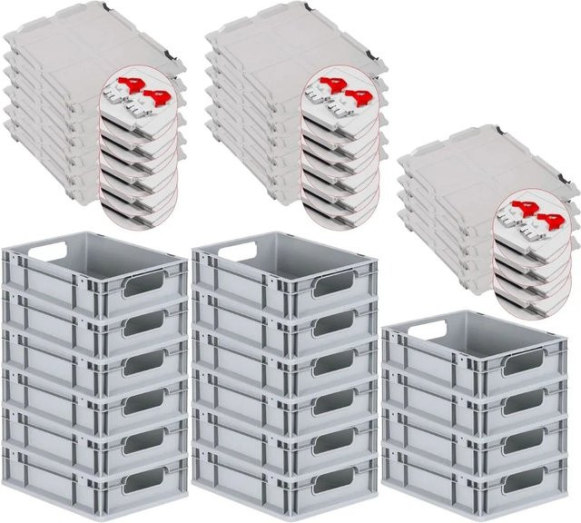 PROREGAL Spar Set 16x Eurobox Nextgen Economy mit Scharnierdeckel und roten Schiebeschnappverschlüssen, Grau/Rot, H x B x T: 12 x 30 x 40 cm, 11 Liter - Bild 1