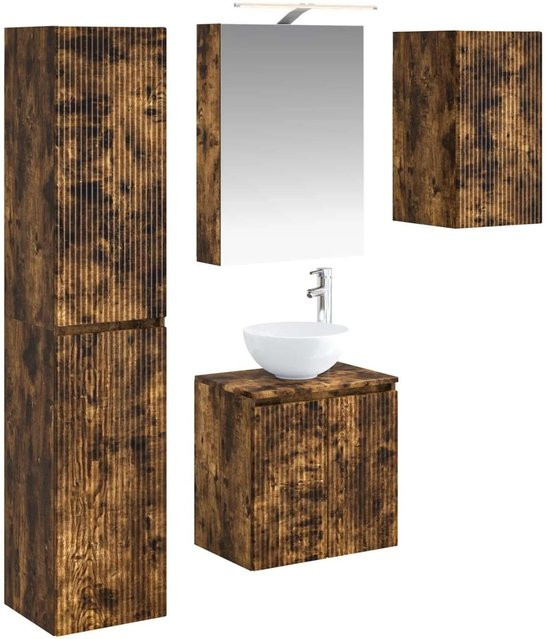 vidaXL Badezimmerschrank-Set 5-teilig in Geräucherte Eiche, modern mit LED-Beleuchtung und Spiegelschrank, B/T/H: 50 x 14,5 x 70 cm - Bild 1