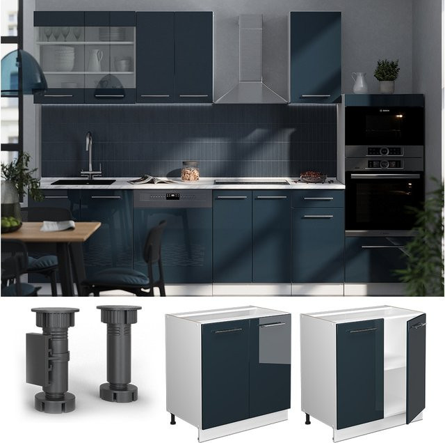 Vicco Spülenunterschrank Fame-Line Dunkelblau Hochglanz und Weiß mit Arbeitsplatte Eiche Breite: 80 cm - Bild 3
