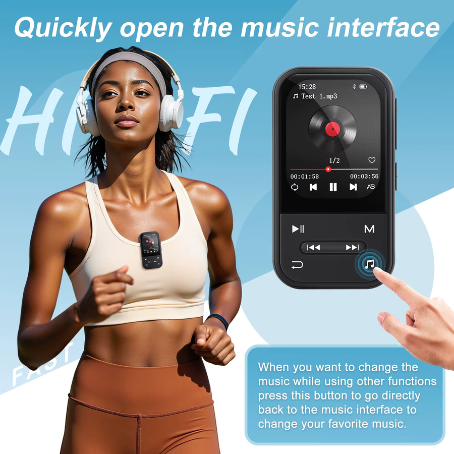 ZAQE Bluetooth 5.3 Clip MP3-Player mit 64GB, Tragbarer Musikplayer mit Radio, Rekorder und Schrittzähler für Sport und Laufen, Schwarz - Bild 3