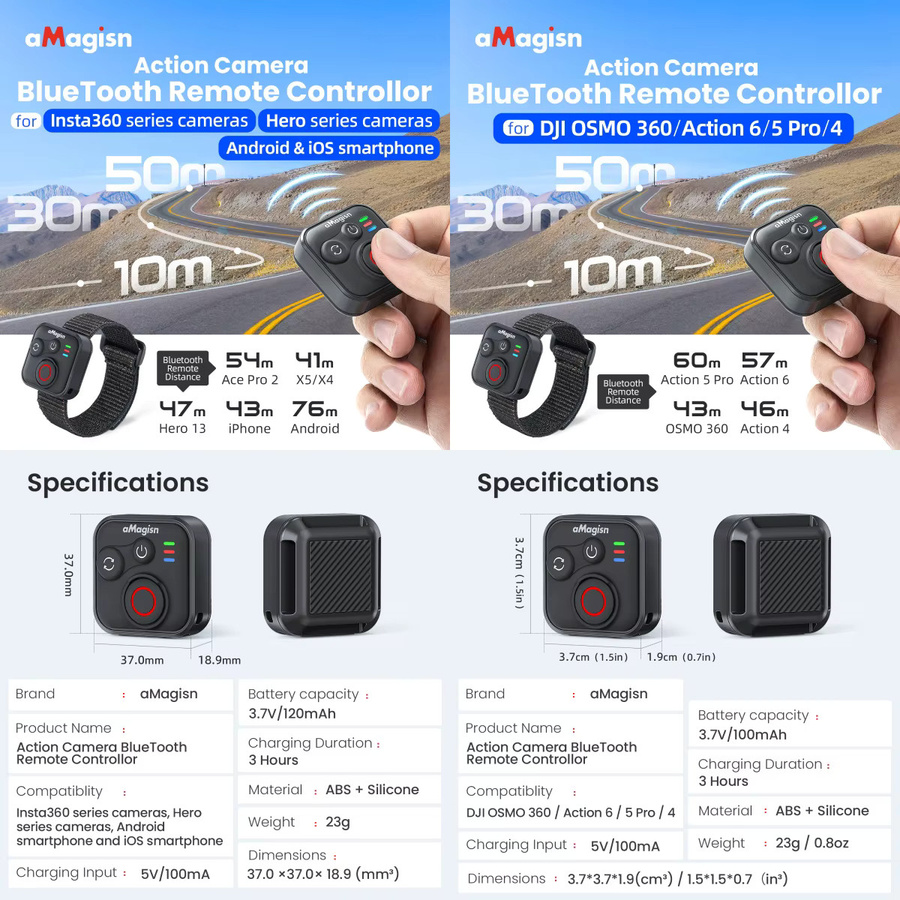 SZKOSTON Bluetooth-Fernbedienung für Insta360 Ace Pro 2, GoPro Hero 13/12/11/10/9/8 und DJI-Serie Sportkameras, Schwarz - Bild 2