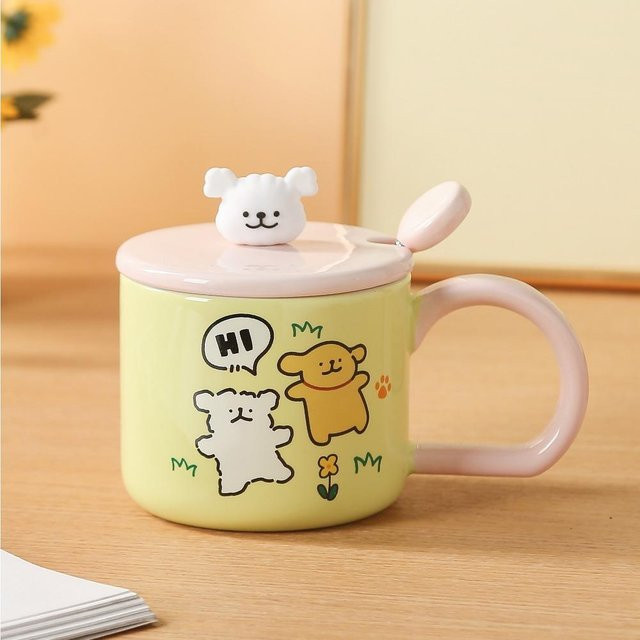 Yiran Furniture Welpentasse aus Keramik mit Deckel, bunte Cartoon-Tasse für Erwachsene, 380 ml - Bild 1