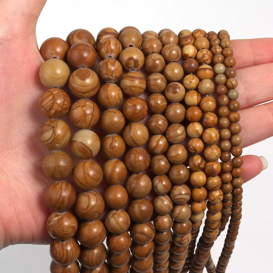 Louleur Steinperlen, gelbe Holzmaserung, rund, für Halskette, Armband - Bild 2