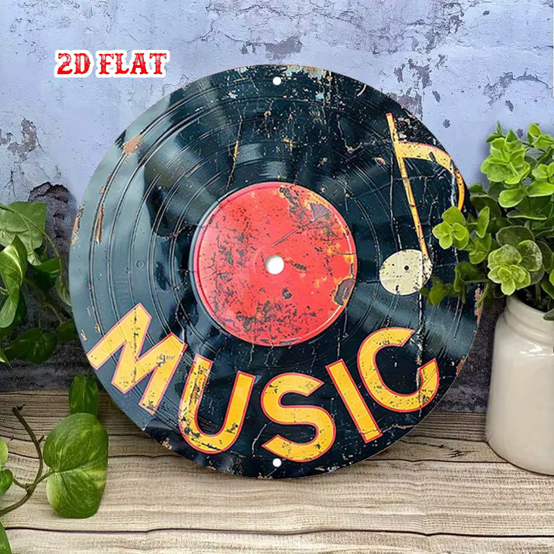 Potdemiel Metall Wanddekoration Vintage Vinyl Schallplatte im Retro-Stil mit Musiknoten und Soundwave, Schwarz, Gold und Rot - Bild 3