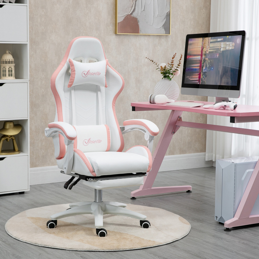 Vinsetto Ergonomischer Gaming-Stuhl aus PU-Leder und Stahl mit Kopfstütze und Höhenverstellung, Gaming-Sessel in Weiß und Rosa, B/T/H: 65 x 65 x 121-129 cm, Aosom - Bild 2