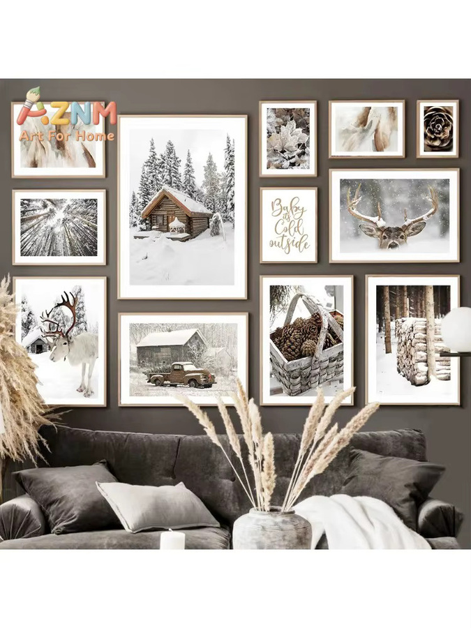 AZNM Leinwandposter Elch im Kiefernwald Winter Nordische Dekoration Mehrfarbig - Bild 4