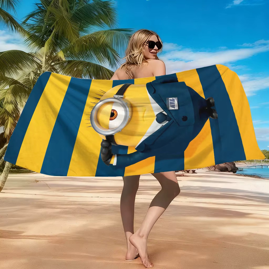 Strandtuch Potdemiel gelb und blau gestreift mit niedlichen Kreaturen, schnell trocknend, Unisex - Bild 3