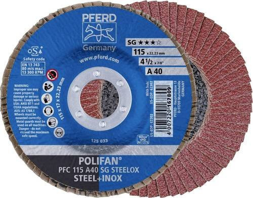 PFERD POLIFAN PSF STEELOX Fächerschleifscheibe für Stahl und Edelstahl, Durchmesser: 115 mm, Bohrungs-Ø: 22,23 mm, Körnung: 40 - Bild 1