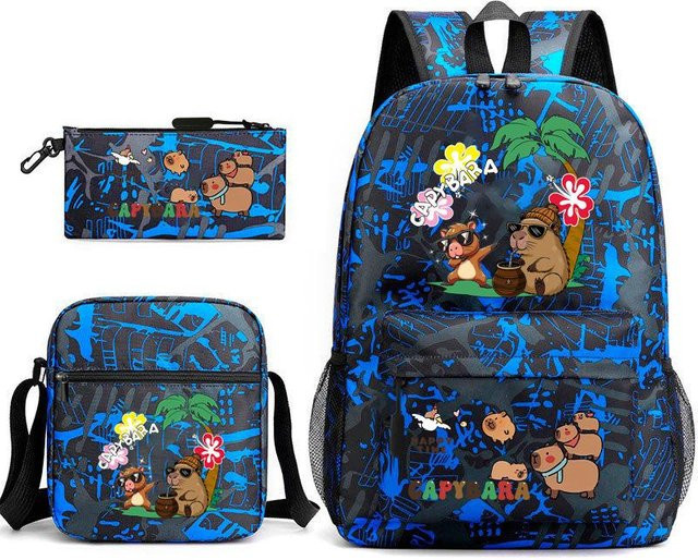 3-teiliges Schulrucksack-Set in Blau aus Oxford-Stoff mit großem Fassungsvermögen inklusive Federmäppchen und Schultergurt - Bild 1