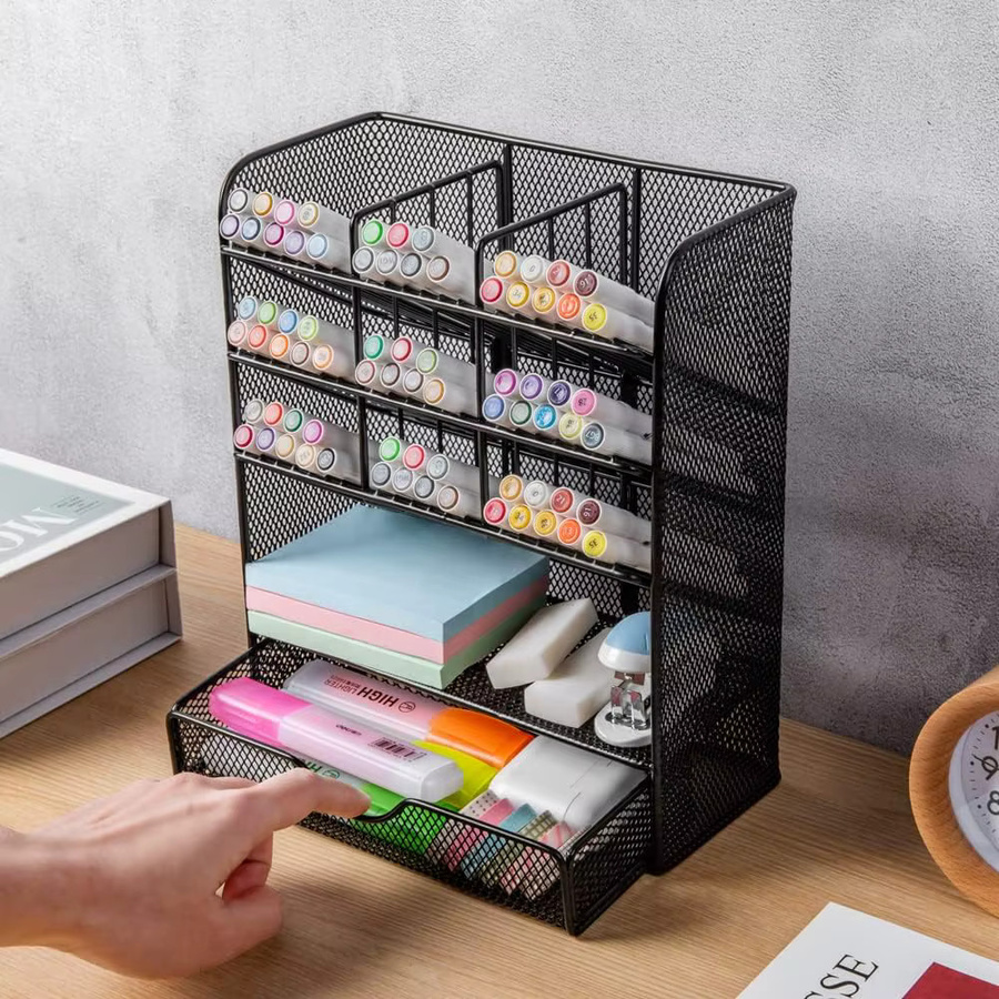 Metall-Schreibtischorganizer in Schwarz mit mehreren Fächern und Schublade für Büro und Schule - Bild 8