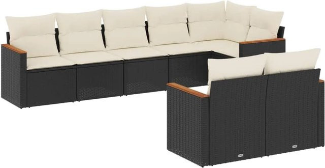 vidaXL 8-teilige Garten-Sofagarnitur in L-Form aus Poly-Rattan und Akazienholz mit Kissen in Schwarz - Bild 1