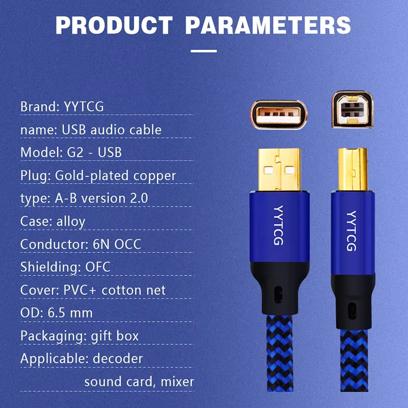 YYTCG USB DAC Kabel 6N OCC vergoldet und abgeschirmt, Typ A zu B oder C, Farbe Blau - Bild 5