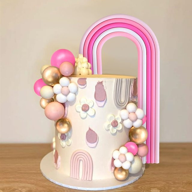LaVenty Regenbogen-Kuchenaufsatz in Rosa Pastell mit bunten Kugeln zur Kuchendekoration für Hochzeit, Babyparty und Geburtstag - Bild 1