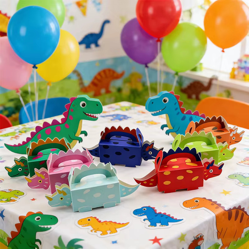 Rote Dinosaurier-Partytüten aus Papier als Geschenkbox für Kinder zum Thema Dino-Party - Bild 4