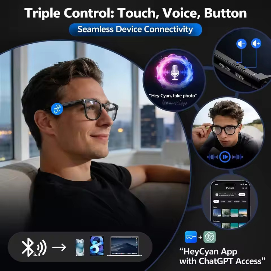 GUHUAVMI Smart-Brille mit 1080P HD Videokamera, Bluetooth 5.4 Open-Ear-Kopfhörer und Dual-Mikrofon ENC in Schwarz - Bild 5