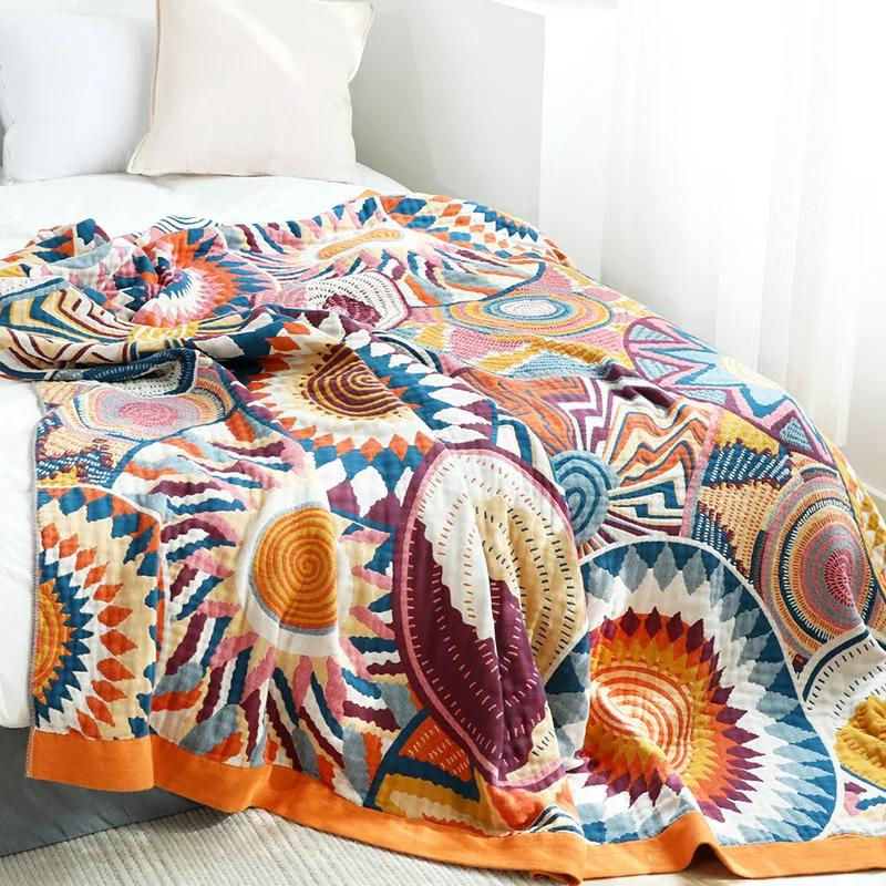 Nordische Überwurfdecke aus Baumwollgaze im Boho-Stil mit floralem Muster, Mehrfarbig, B/H: 150 x 200 cm - Bild 2