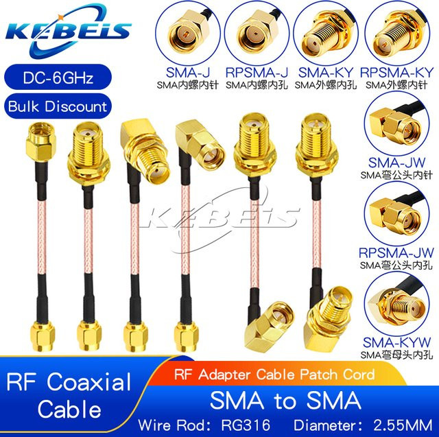 KEBEIS RG316 Koaxialkabel SMA auf SMA Stecker und Buchse mit Mutter, Gold, HF-Koaxial-Jumper-Pigtail Verlängerungskabel - Bild 1
