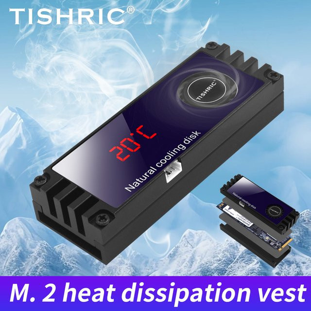 TISHRIC M.2 NVMe SSD Kühlkörper mit Temperaturanzeige und Vortex-Lüfter in Schwarz - Bild 1