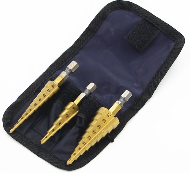 Dreiteiliges Titan-Leiterbohrer-Set mit sechseckigem Griff in Gold und Blau, Größen: 3-12 mm, 4-12 mm und 4-20 mm - Bild 1