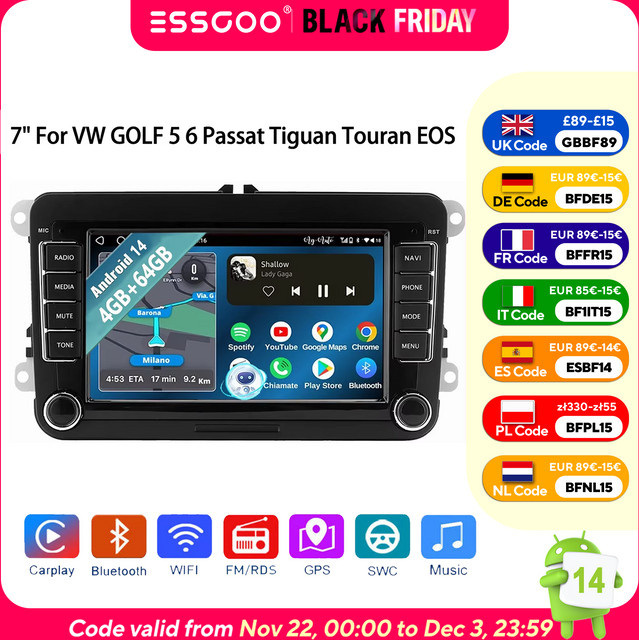 ESSGOO Android 14 Autoradio mit 7 Zoll Touchscreen, 4+64GB, Wireless CarPlay, GPS Navigation, WIFI, Bluetooth und Mirror Link in Schwarz für VW, Seat und Skoda - Bild 1
