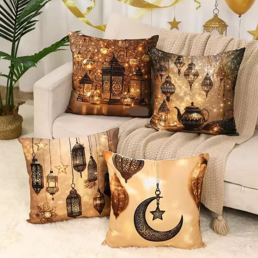 VIKAMA Kissenbezug mit goldenem Mond und Laternen-Design für das muslimische Fest Eid al-Fitr, Farbe: Gold, B/T/H: 30 x 30 x 0 cm - Bild 1
