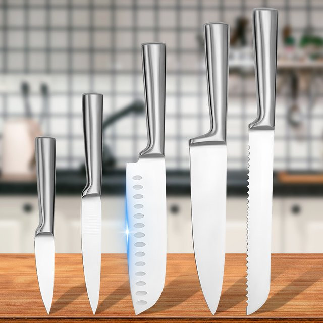 MDHAND 5-teiliges Küchenmesser-Set aus Edelstahl in Schwarz und Silber mit Kochmesser, Brotmesser, Pflegemesser und Allzweckmesser, ultrascharf und antihaftbeschichtet - Bild 1