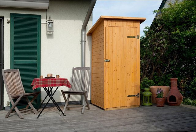 Weka Balkon und Terrassenschrank aus Massivholz mit Pultdach in Braun, B: 83 cm, T: 85 cm, H: 195 cm - Bild 1