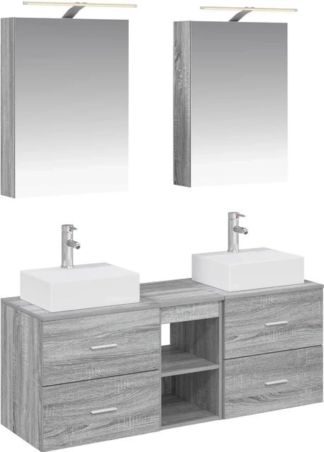 vidaXL Badezimmermöbel-Set 5-teilig in Grau Sonoma, modern mit Spiegelschrank, Wandschrank und Waschtischunterschrank aus Holz und Glas mit LED-Beleuchtung - Bild 1