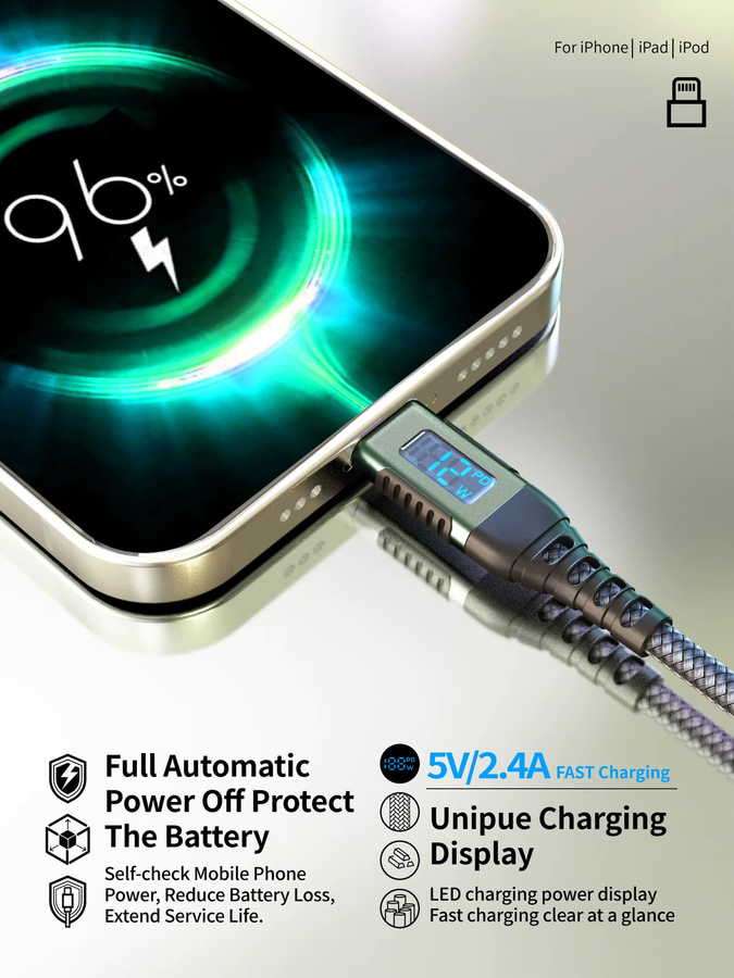 LAIHONEN USB-A zu Lightning Ladekabel mit Digitalanzeige, MFi-zertifiziertes Nylon-Geflecht, Blau, 2 m - Bild 6
