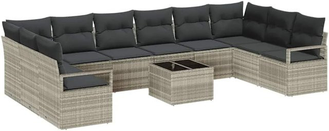 vidaXL Garten-Sofa-Set 11-tlg. in Hellgrau aus Poly-Rattan mit L-Form und Polsterkissen - Bild 1