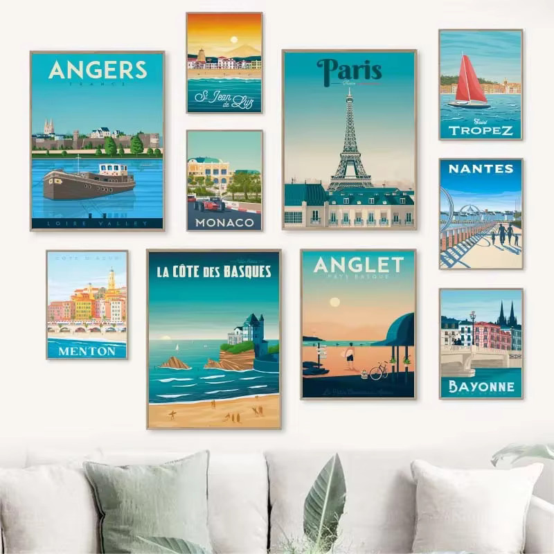 Potdemiel Wanddeko Nordic Kunst Leinwand Poster mit Stadtlandschaft Illustration Paris Monaco Menton in Mehrfarbig - Bild 2
