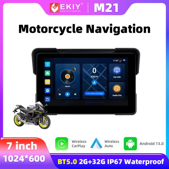 EKIY 7 Zoll Motorrad CarPlay Navigation mit Android 13.0, 2 GB RAM + 32 GB Speicher, GPS, Wireless Android Auto und Touchscreen in Schwarz - Bild 1